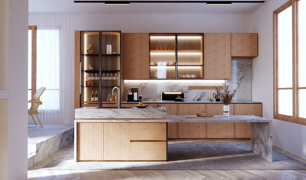 Cucina elegante e luminosa in legno chiaro con illuminazione a LED. Design moderno e raffinato con linee pulite e materiali di qualità.